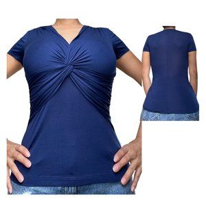 Trina Turk Womens Blouse Small S/P Navy Blue Short Sleeves V-Neck